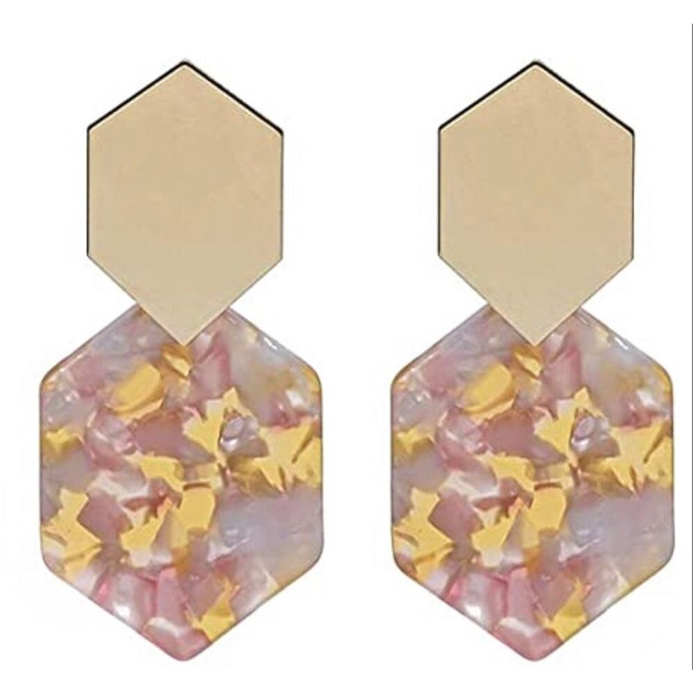 Hexagon Pink Acrylic Drop Style Earrings